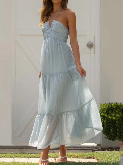 Women's Summer Chiffon Halter Maxi Dress Boho Backless A-Line