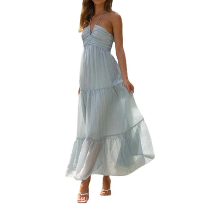 Women's Summer Chiffon Halter Maxi Dress Boho Backless A-Line