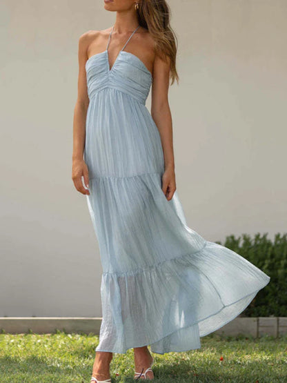 Women's Summer Chiffon Halter Maxi Dress Boho Backless A-Line