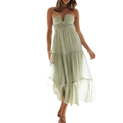 Women's Summer Chiffon Halter Maxi Dress Boho Backless A-Line