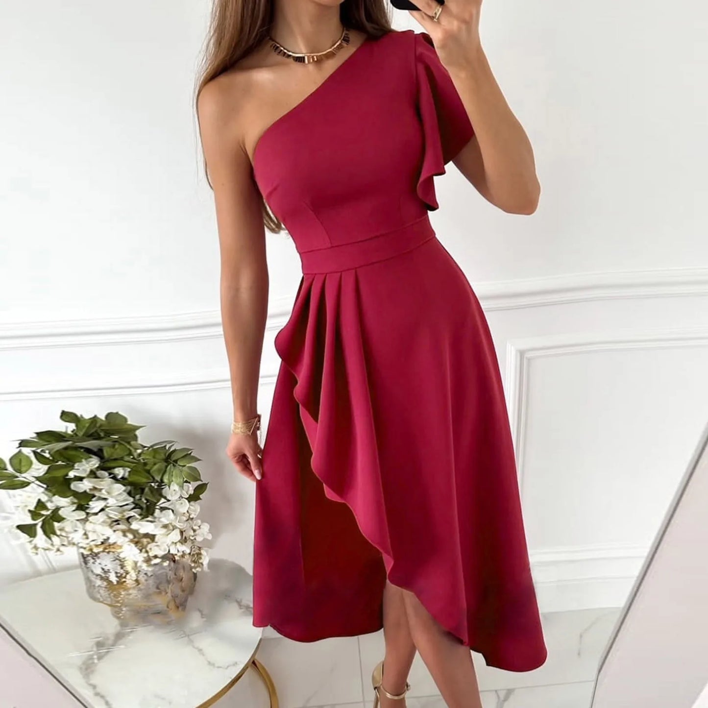 Women’s One-Shoulder Midi Dress – Asymmetrical High-Low Hem – Elegant Formal Wear