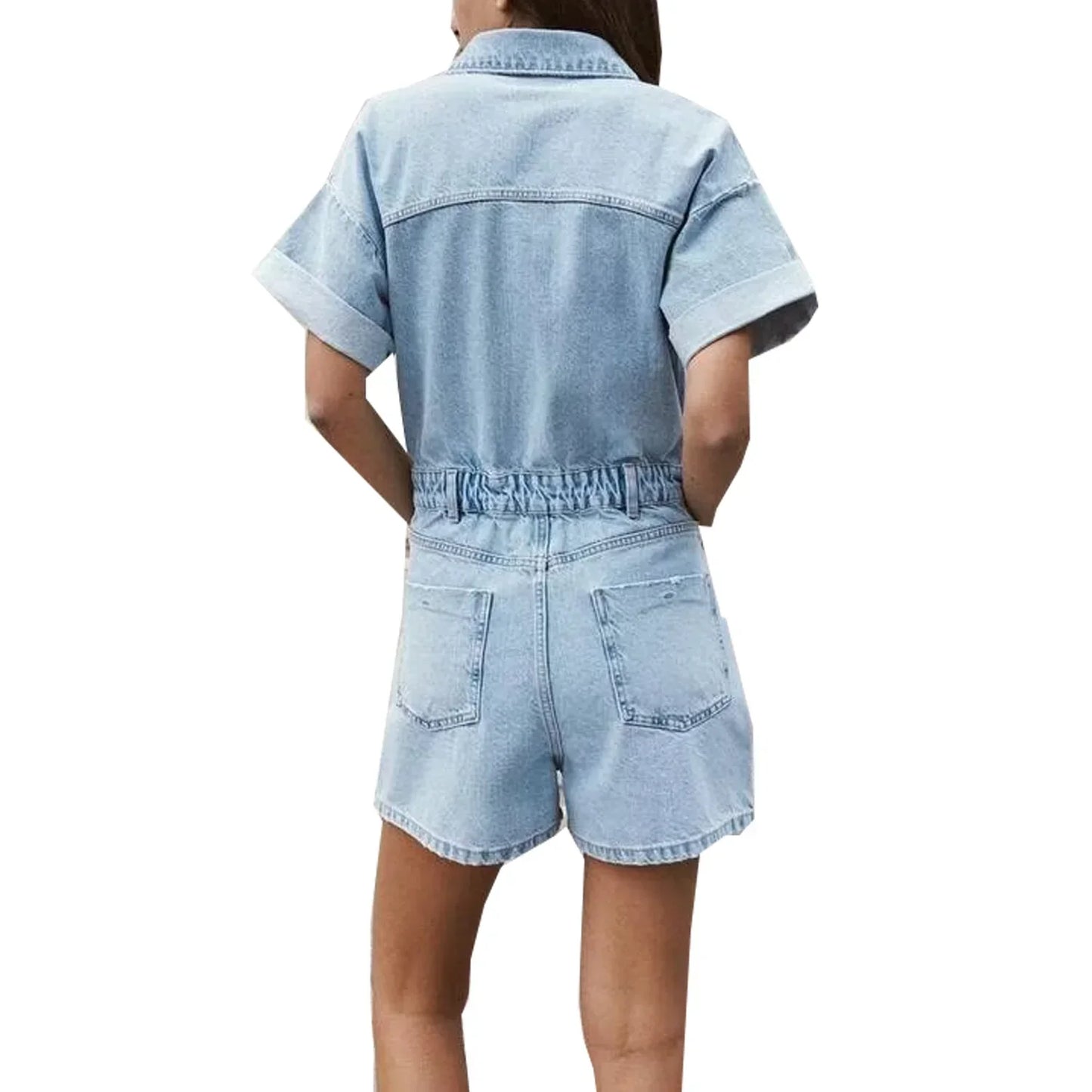 Women's Denim Romper - Button-Up Short Sleeve - Fitted Waist with Pockets