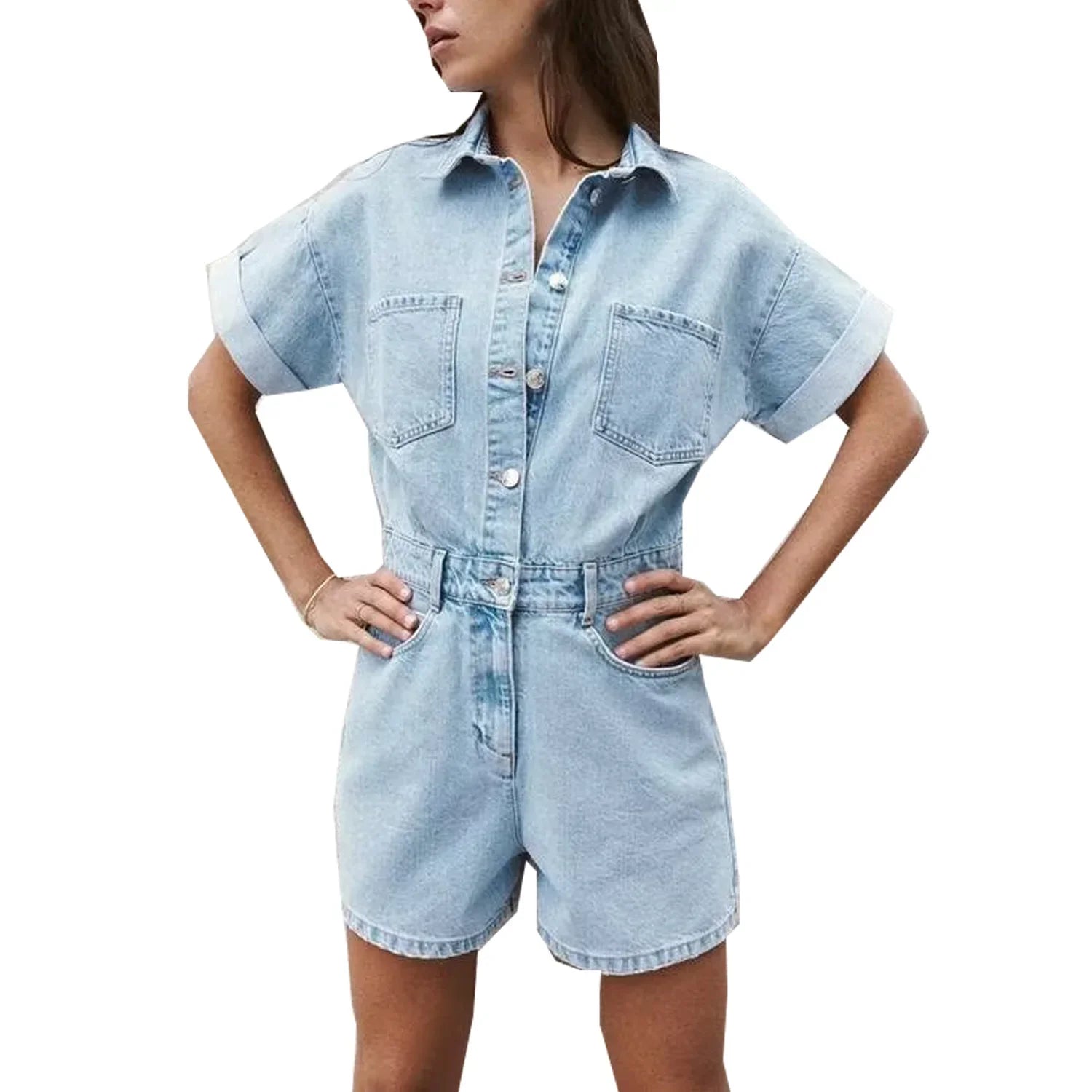Women's Denim Romper - Button-Up Short Sleeve - Fitted Waist with Pockets