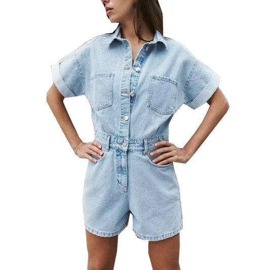 Fitted Denim Button-Up Short-Sleeve Romper