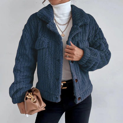 Women's casual lapel plush button-down jacket with flap pockets