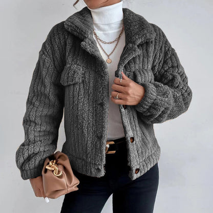 Women's casual lapel plush button-down jacket with flap pockets