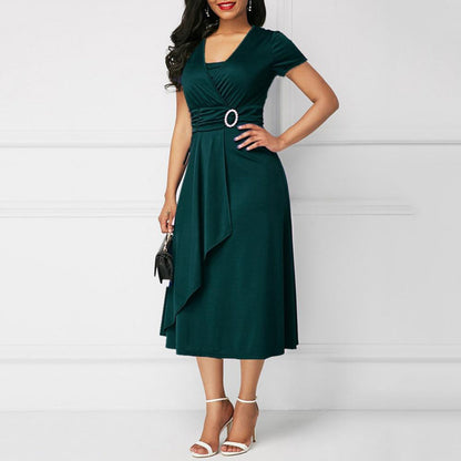 Women's Midi Dress - V-Neck Short Sleeve - Belted Waist Draped Elegant Fit