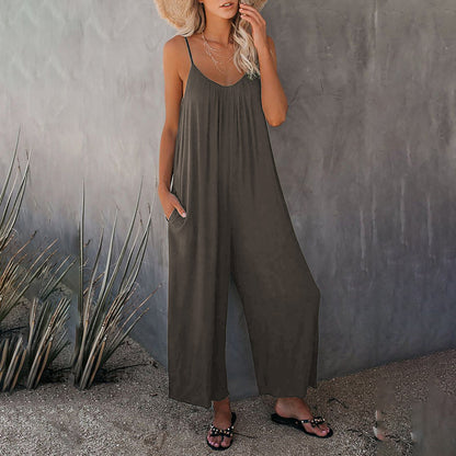 Women's Jumpsuit - Sleeveless V-Neck - Wide-Leg Relaxed Fit - With Pockets
