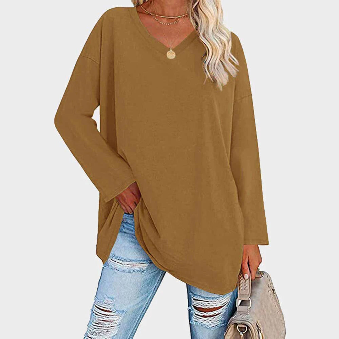 Women's Long-Sleeve Sweater - Loose Fit V-Neck - Soft Knit Casual Tunic