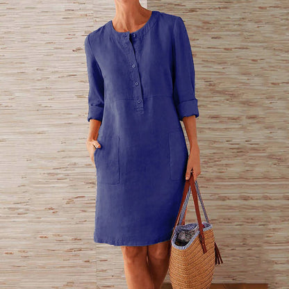 Women's Casual Dress - Knee-Length Shift Fit - Button Front - Long Sleeves