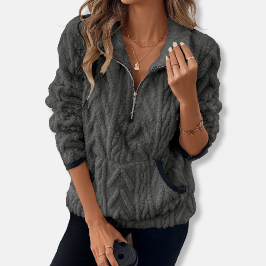 Women’s Sweatshirt - Fleece - Relaxed Fit - Stand Collar Half-Zip - Kangaroo Pocket