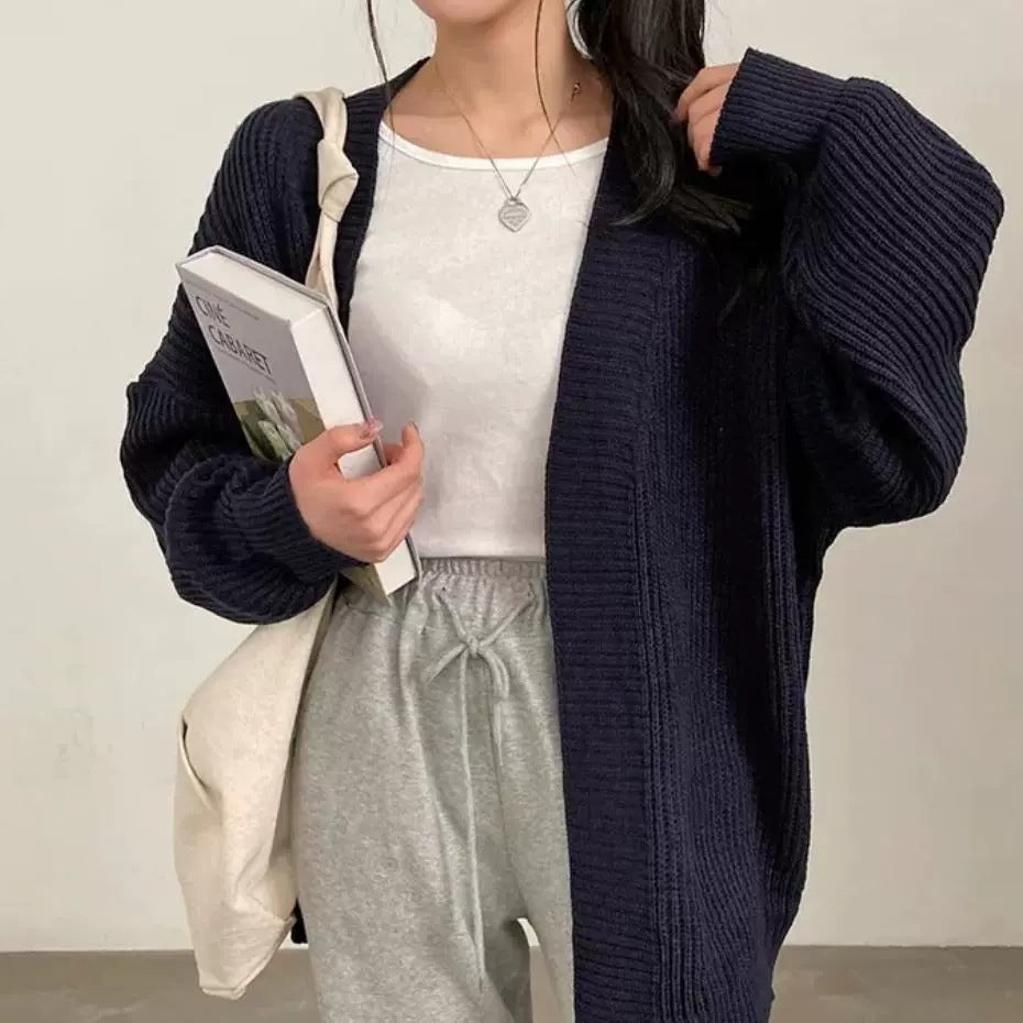 Oversized open-front ribbed cardigan for women