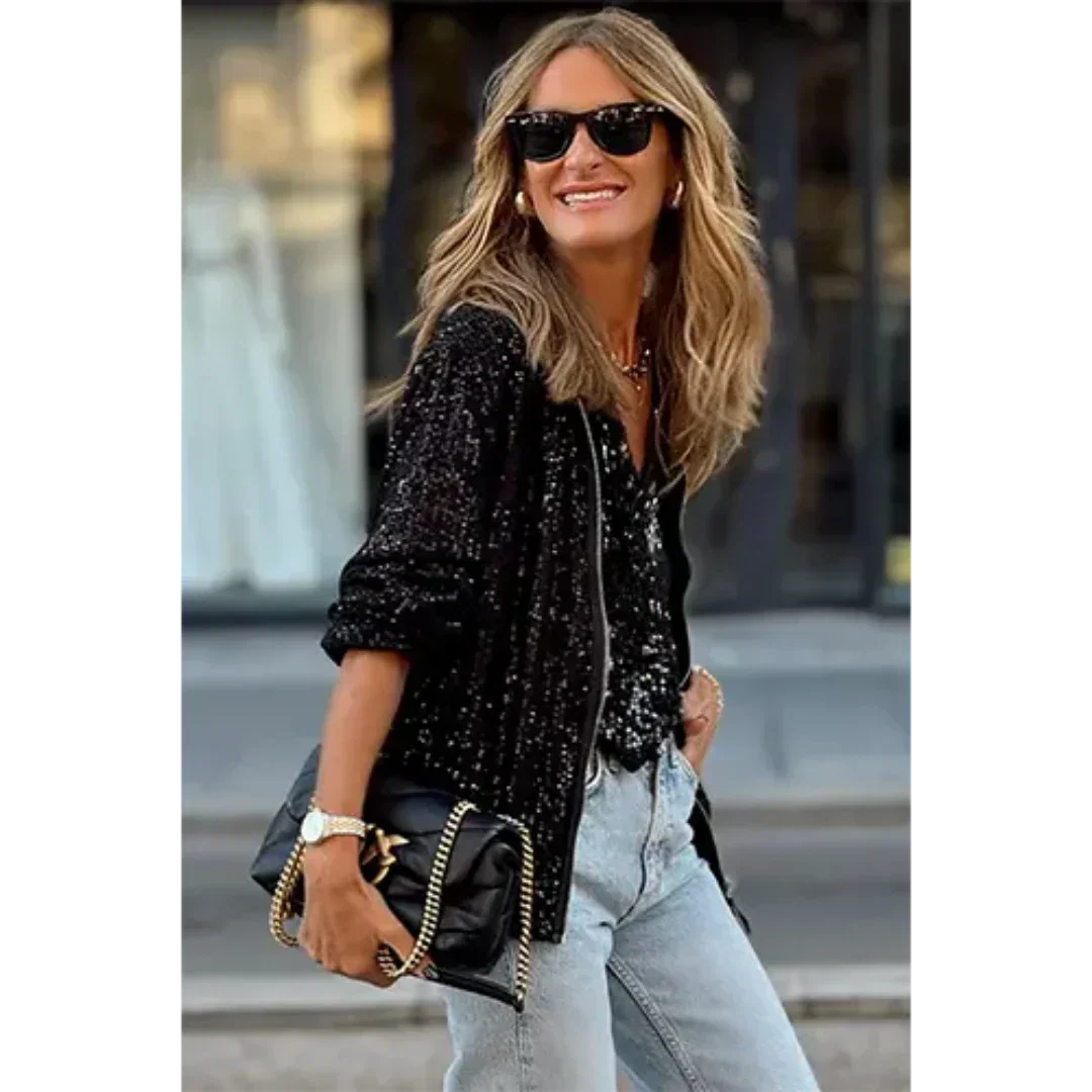 Sequin Relaxed Fit Cropped Bomber Jacket 