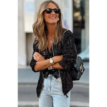 Women’s Bomber Jacket – Relaxed Fit – Sequin Fabric – Cropped Length – Zipper Front