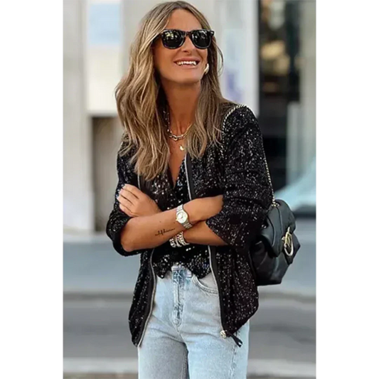 Sequin Relaxed Fit Cropped Bomber Jacket 