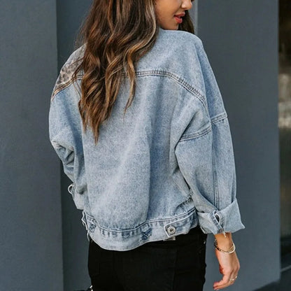Women's Denim Jacket - Cropped Button-Up - Leopard Print Panels - Casual Stylish