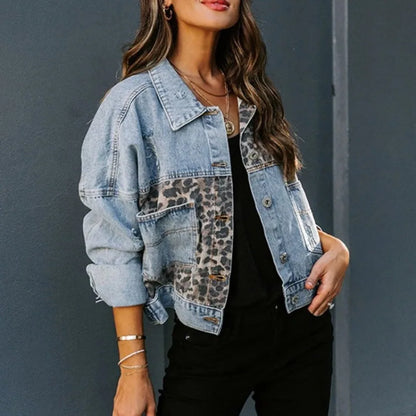 Women's Denim Jacket - Cropped Button-Up - Leopard Print Panels - Casual Stylish
