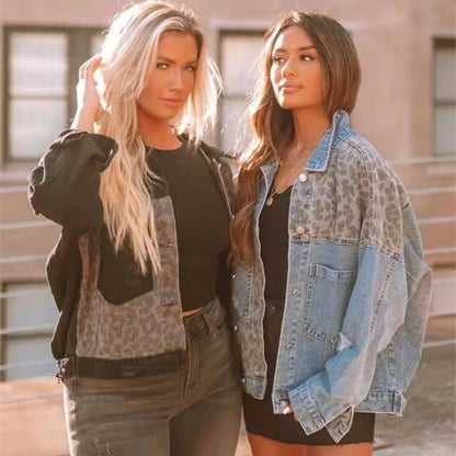 Women's Denim Jacket - Cropped Button-Up - Leopard Print Panels - Casual Stylish