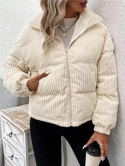 Women’s Quilted Jacket - Corduroy Ribbed Texture - Zip Front - Padded Casual Outerwear