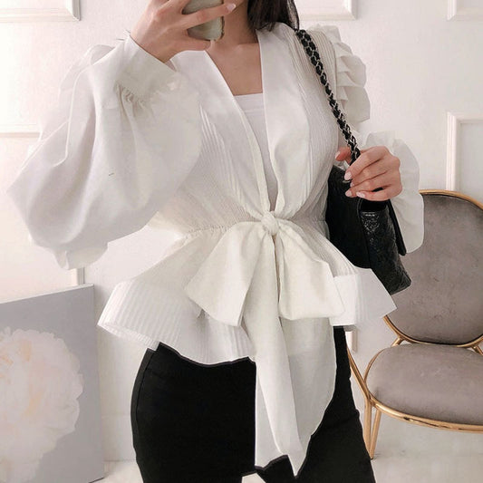 Puff Sleeve Tie Front Wrap Blouse