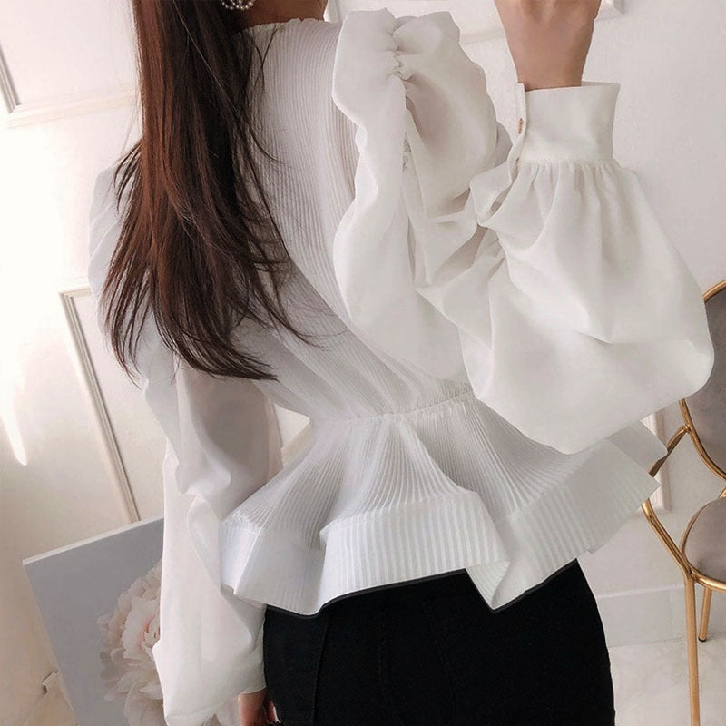 Women's Wrap Blouse - Tie Front - Puff Sleeves - Peplum Hem - Flattering Fit