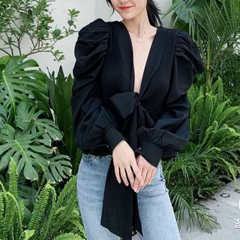 Women's Wrap Blouse - Tie Front - Puff Sleeves - Peplum Hem - Flattering Fit