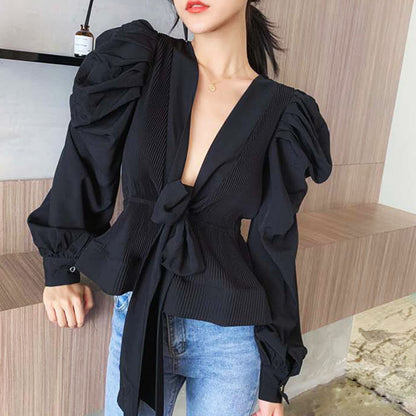 Women's Wrap Blouse - Tie Front - Puff Sleeves - Peplum Hem - Flattering Fit