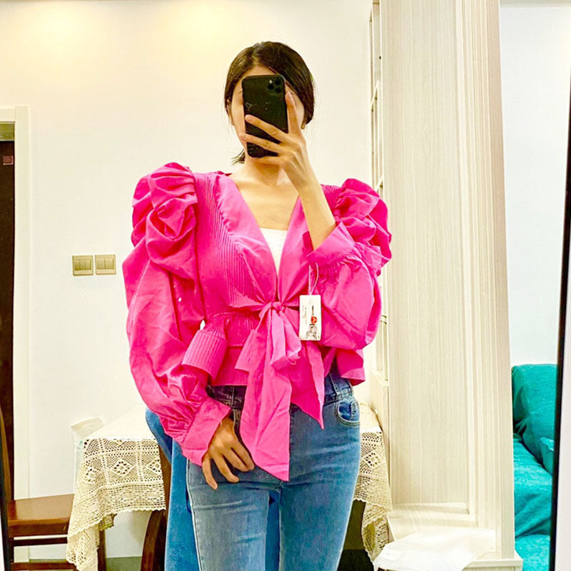 Women's Wrap Blouse - Tie Front - Puff Sleeves - Peplum Hem - Flattering Fit