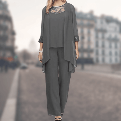 Women’s Three-Piece Ensemble - Relaxed Fit - Lace Detail - Wide-Leg Pants - Lightweight Fabric