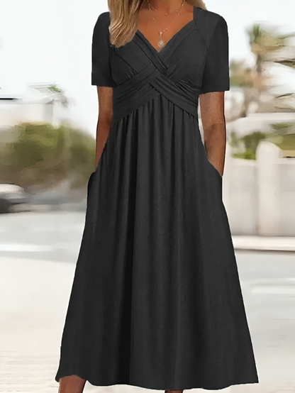 Women's V-Neck Dress - Elegant A-Line - Short Sleeve with Pockets - Flowy Fit
