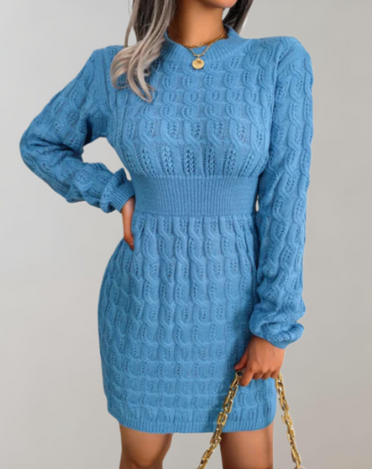 Women's Sweater Dress - Cable Knit - Long Sleeve - Ribbed Waist - Knee Length