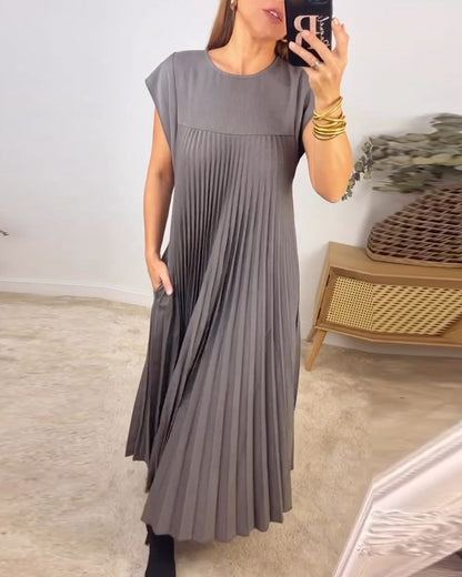 Women's Pleated Dress - Flowy Ankle-Length - Round Neck - Chic Cap Sleeves
