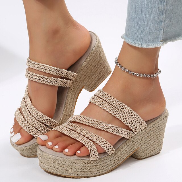 Women's Platform Wedge Sandals - Braided Straps - Espadrille Style - Slip-On Comfort