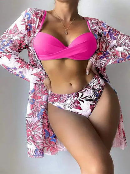 Women's 3-Piece Swimsuit - Twist Front Bikini & Mid-Rise Bottoms with Sheer Cover-Up