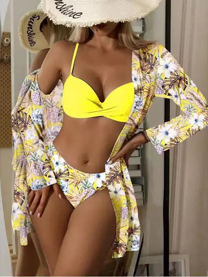Women's 3-Piece Swimsuit - Twist Front Bikini & Mid-Rise Bottoms with Sheer Cover-Up