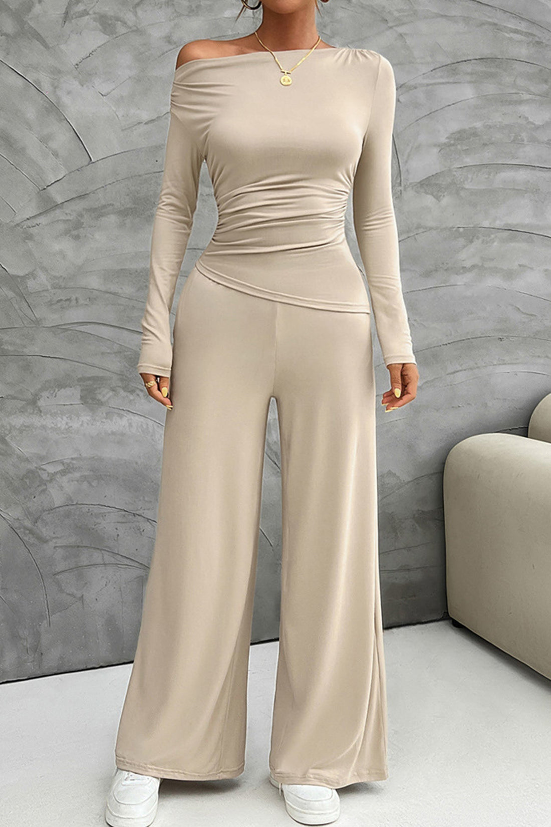 Women's drop shoulder long sleeve top and wide leg pants set