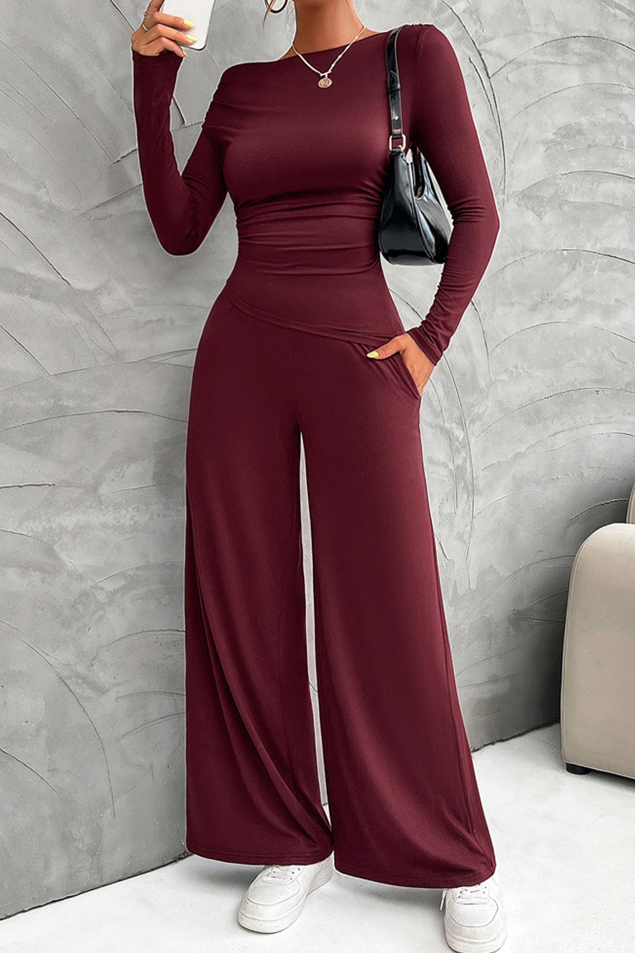 Women's drop shoulder long sleeve top and wide leg pants set