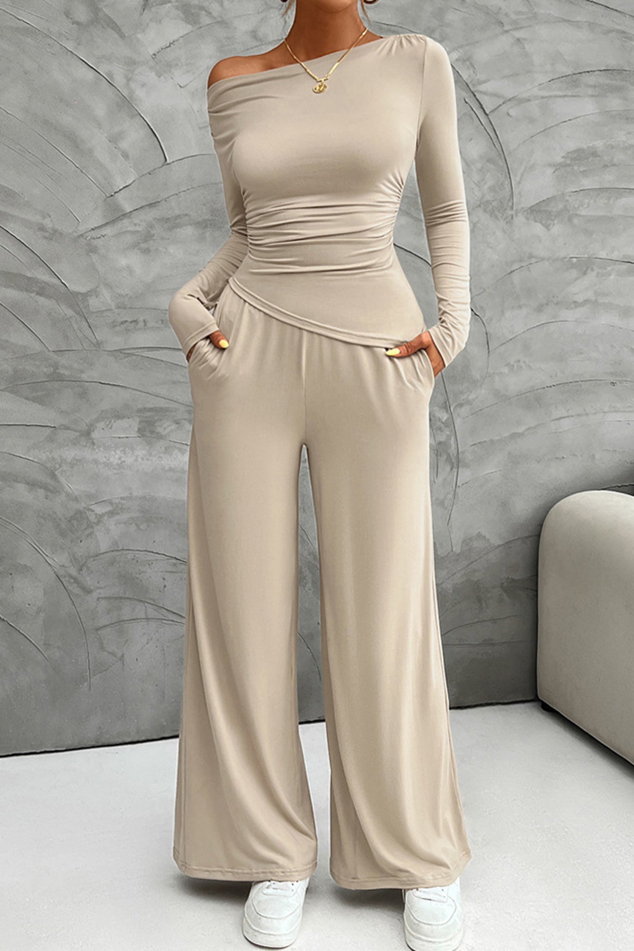 Women's drop shoulder long sleeve top and wide leg pants set