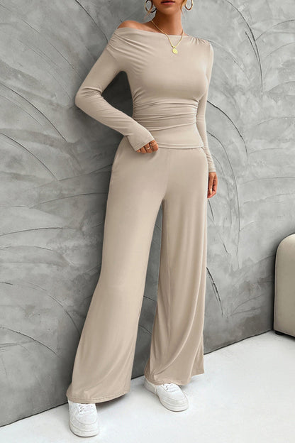 Women's drop shoulder long sleeve top and wide leg pants set
