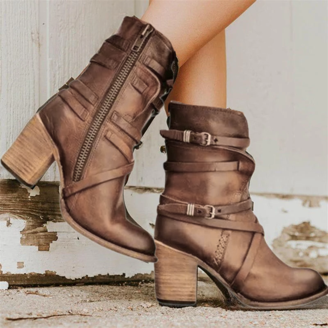 Reina - Vintage Boots for Women - Stylish Mid-Calf Boots with Buckle and Zipper Details
