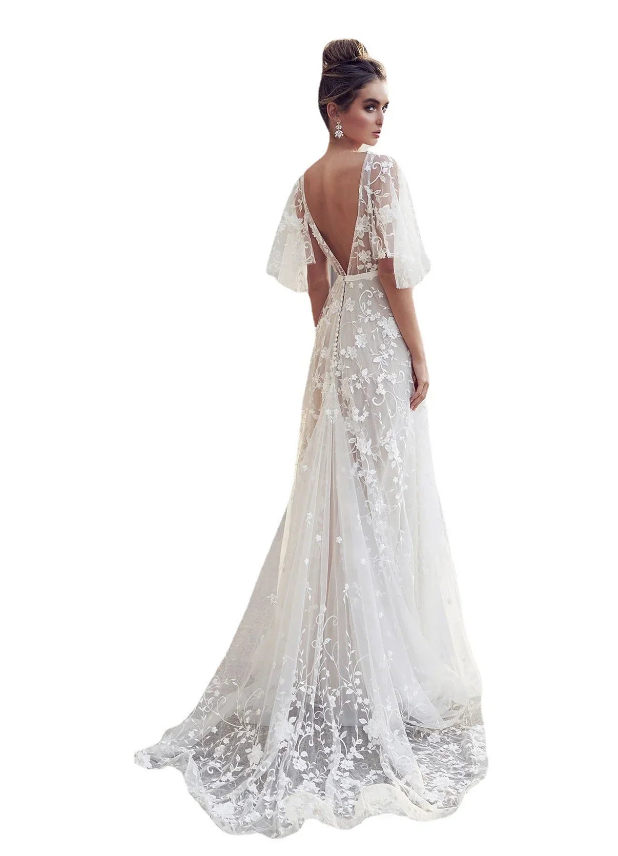 Women's Gown - A-Line Silhouette - Flutter Sleeves - V-Neck - Sheer Embroidered Fabric