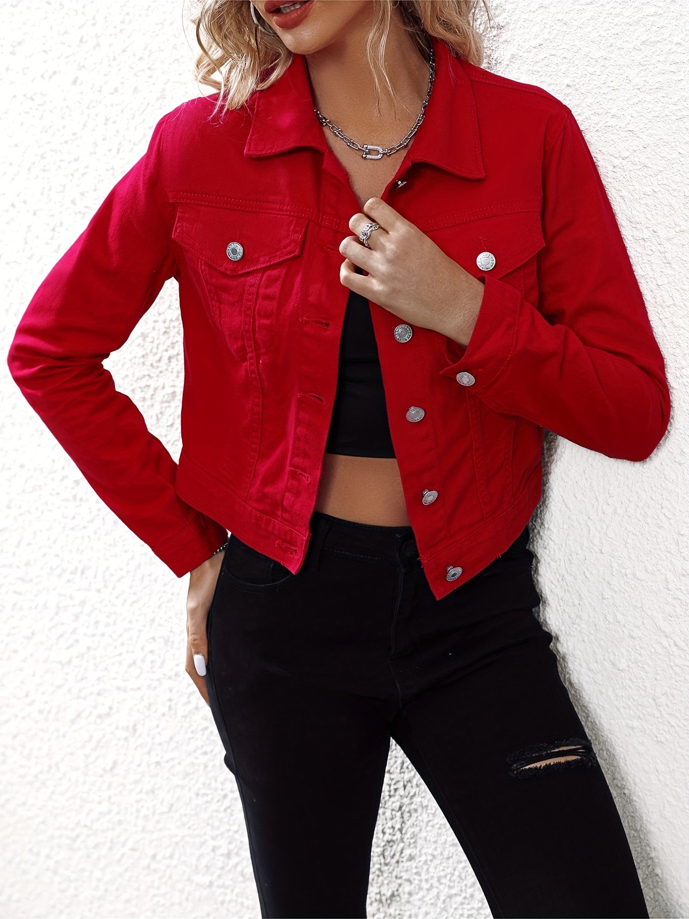 Red - women's short denim jacket with button down and long sleeves