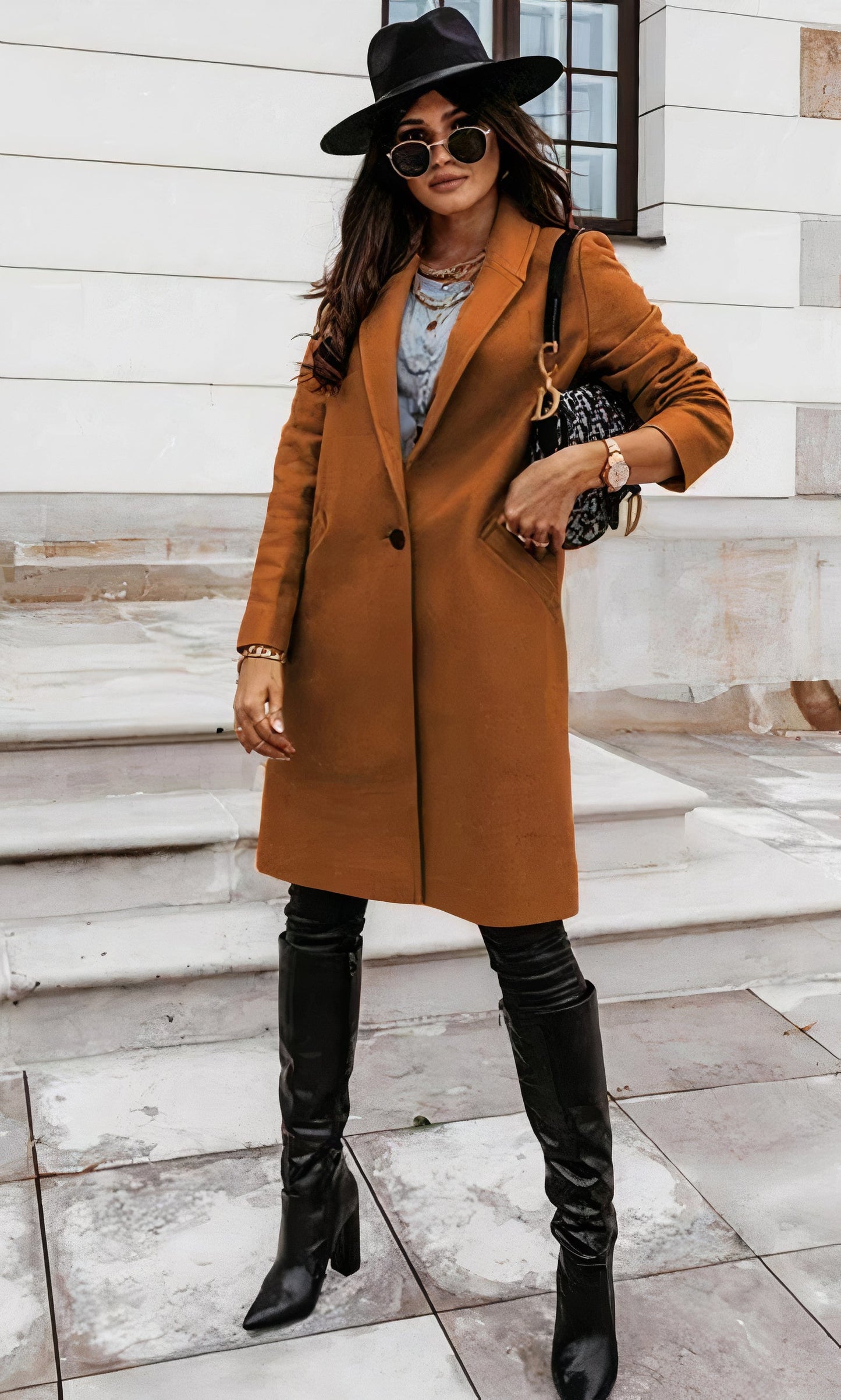 Women's autumn winter lapel midi button coat