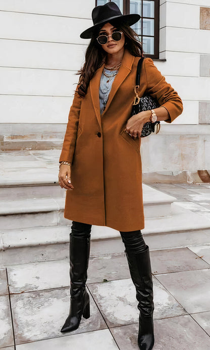 Women's autumn winter lapel midi button coat