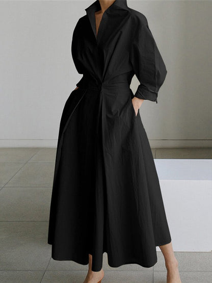 Women’s Midi Shirt Dress – Belted Waist – Collared Neck – Long Sleeve – Button Front