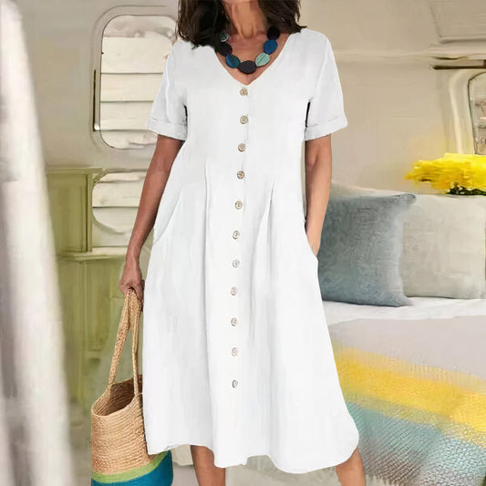 Linen Blend V-Neck Flared Fit Dress