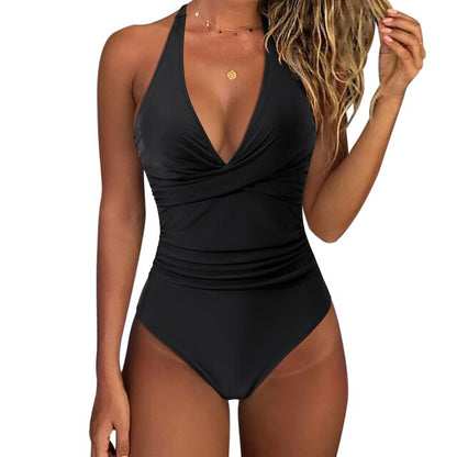 Women's One-Piece Swimsuit - Halter Neck - Deep V-Neck - Ruched Waist - Flattering Fit