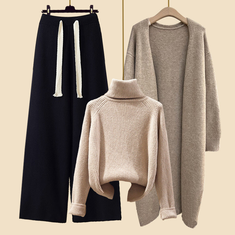 Women's long cardigan with knitted sweater and wide-leg pants set