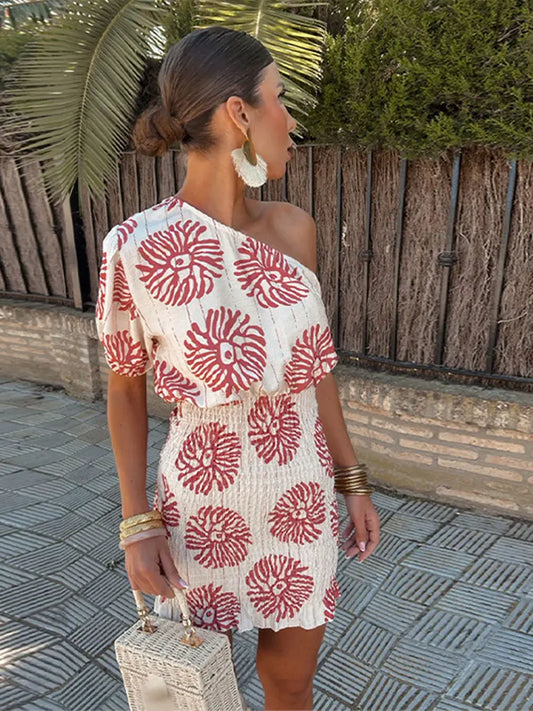 Bold Pattern Flowy One-Shoulder Dress