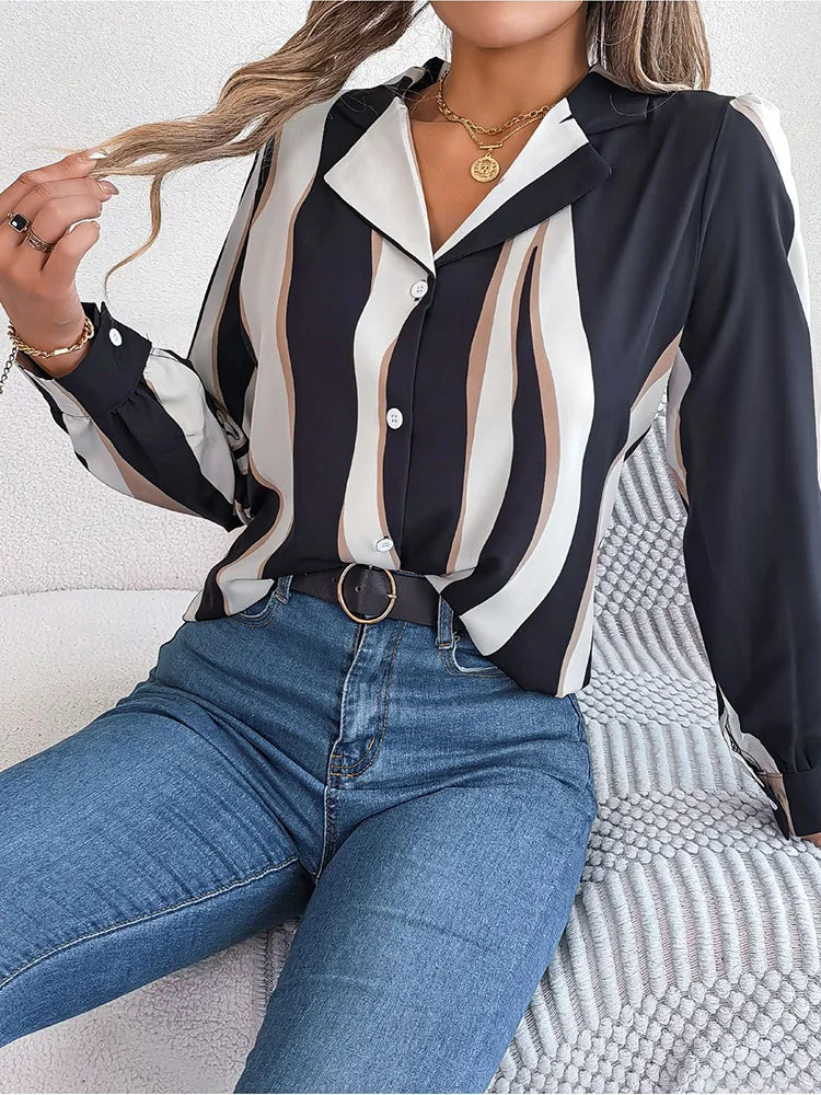 Women’s Button-Down Blouse - Abstract Stripe Pattern - Notched Lapel Collar - Long Sleeve